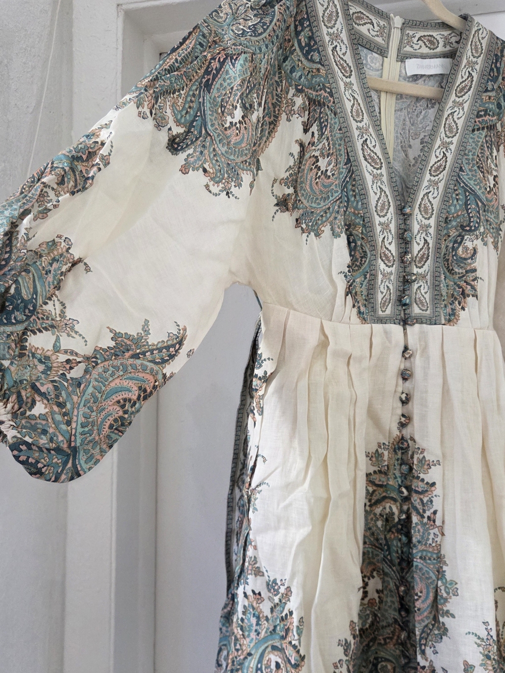 Zimmermann Cream Paisley V-Neck Long Sleeve Boho Dress with Teal Accents - Picture 3 of 7